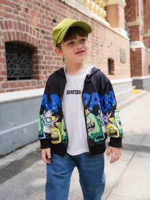 SHEIN 1 件装年轻男孩休闲简约可爱怪物与字母图案连帽夹克，适合秋冬季日常、上学、外出