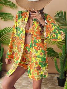 Travachic 3pcs Set: Floral Print Long Sleeve Jacket, Spaghetti Strap Camisole Top And Shorts, Casual Vacation Wear