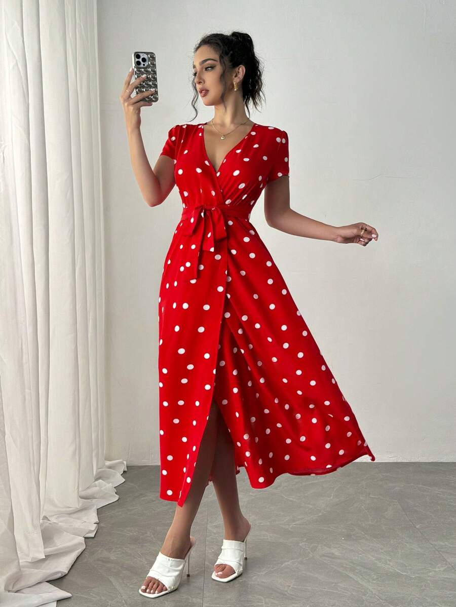 Rafferiza Romantic Vacation Style Red V-Neck Polka Dot Short Sleeve Wrap Waist Split Midi Dress For New Year Clothes Maxi Women Outfit