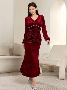Modelyn Burgundy Red Women Elegant Daily V-Neck Pleated Waist Button Decorated Lantern Sleeve Mid-Length Dress, Autumn