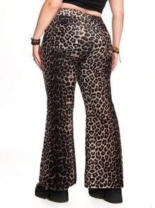 ROMWE Hippie Pantalon pattes d'éléphant avec incrustations de strass crâne en velours imprimé léopard vintage Y2K, grande taille