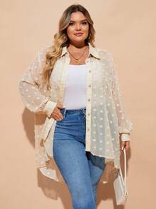 SHEIN CURVE+ Plus Size Sheer Floral Textured Long Blouse Versatile & Elegant