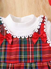 SHEIN 2pcs Christmas Plaid Baby Girls Bowknot Colorblock Plaid Sleeveless Pinafore Dress & Thermal Turtleneck Set