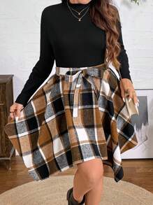 SHEIN LUNE Fall Women Dresses Plus Size Fall Women's Black Mock Neck Asymmetric Hem Plaid Fall Wedding Guest Dress - Multicolor - View 3