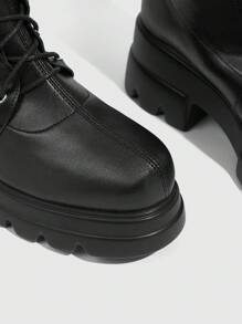 Sugerpunk Giày bốt đế dày đế tròn đế xuồng PU thời trang thường ngày cho nữ, đi tiệc, có khóa kéo cao đến đầu gối - màu đen - Xem 14