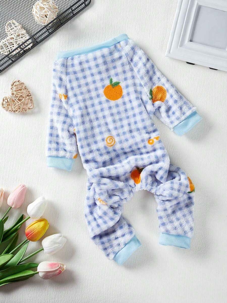 PETSIN 1pc Pet Plaid & Orange Pattern Fleece Jumpsuit, Warm Winter Outfit For Medium-Small Dogs Like Teddy - Multicolor - View 1