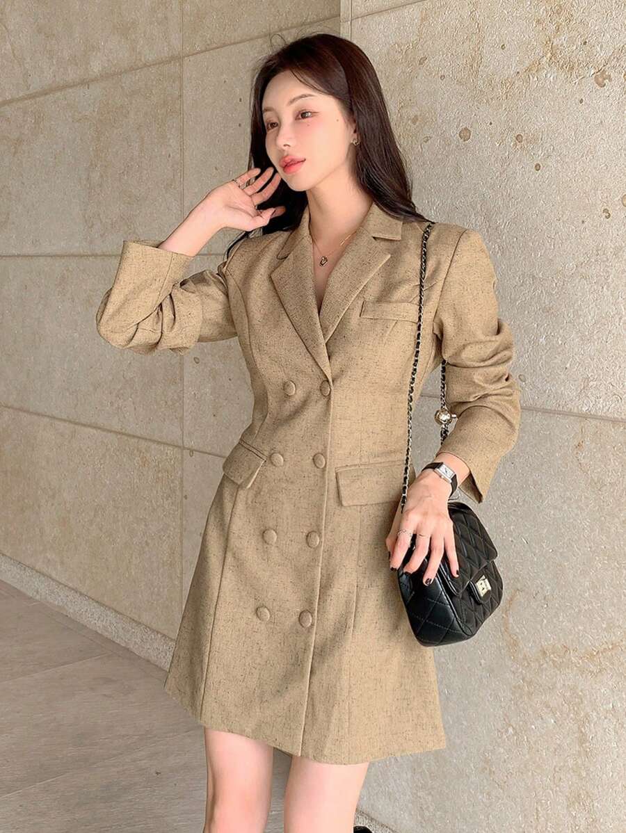 DAZY Solid Color Double-Breasted Elegant Long Sleeve Mini Dress For Women,Fall Clothes - Apricot - View 1