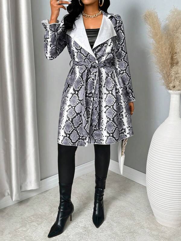 Zolique Chaqueta casual de manga larga con estampado de serpiente, cinturón de cintura y tonos duales