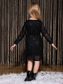 Young Girl Sequined V-Neck Waisted Asymmetrical Hem A-Line Short Dress, Black, Fashion Holiday Party Christmas, New Arrival For Fall & Winter - Black - View 2