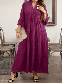 SHEIN LUNE Vestido casual de línea A hasta los tobillos de tejido con escote entallado para tallas grandes para el verano - Rojo violeta - Ver 4