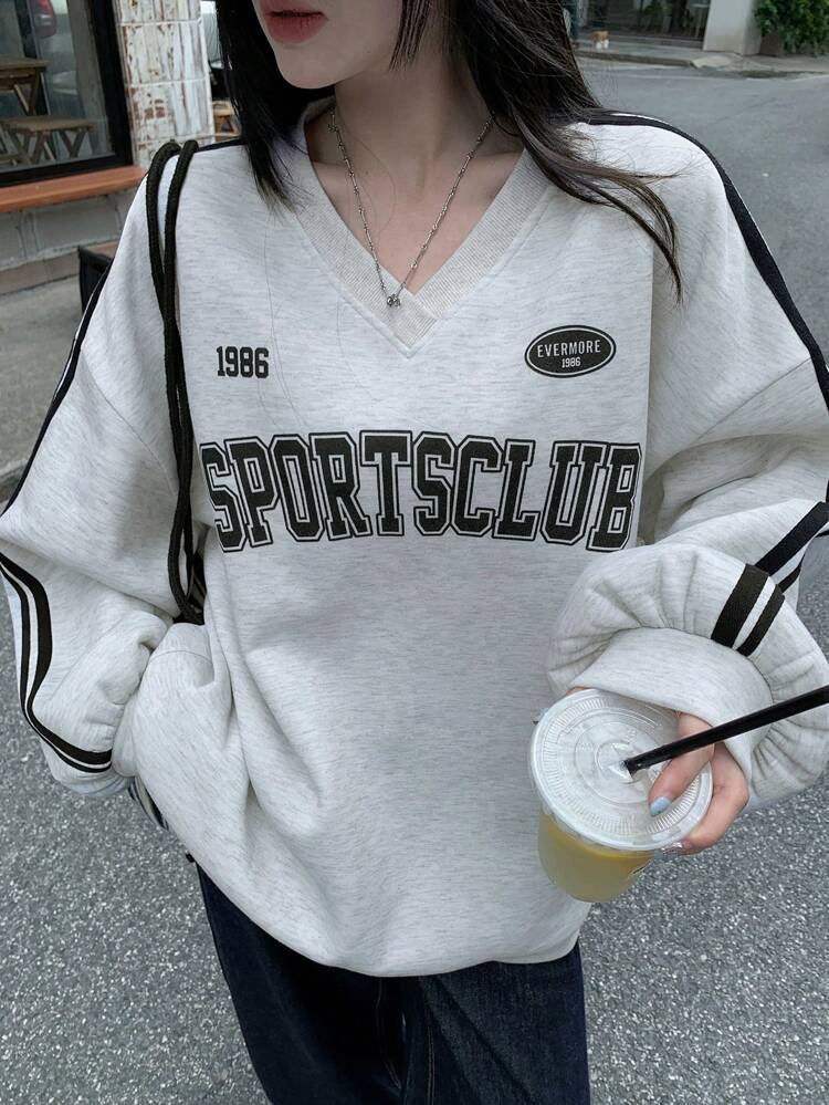 Women's Thermal Lined V-Neck Letter Print Slouchy Sweatshirt Fall,Winter