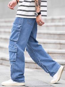 Manfinity Homme Men's Casual Loose Straight-Leg Multi-Pocket Pants - Medium Wash - View 6