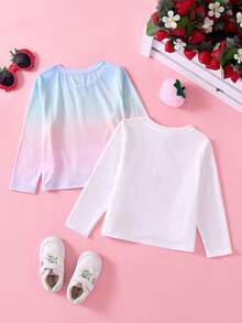 Strawberry Shortcake X SHEIN Kleine Mädchen 2 Stücke/Set Enges Langarm T-Shirt mit Batik-Muster, Erdbeermotiv und Schleife Rundhalsausschnitt