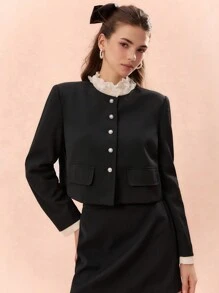 Enchnt Autumn Romantic Women's Black Cute Elegant Contrast Lace Flap Blazer And Pencil Skirt Suit Set,Two Pieces Outfits