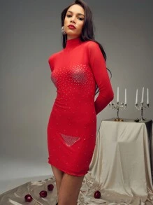 SHEIN Unity Double Layered Mesh High Neck Rhinestone Detail Long Sleeve Mini Dress Fall Cloth For Women - Red - View 1