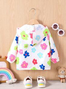 Baby Girl Casual Cute Floral Printed Zip-Up Hooded Jacket, For Autumn - White - View 2
