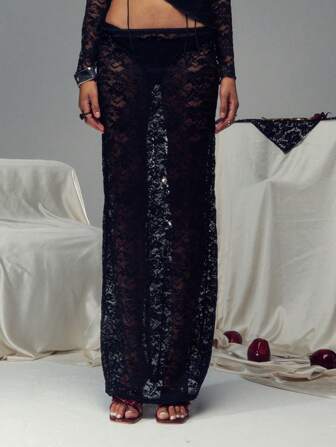 TypaGal TypaGal spitzenbesetzter, transparenter, eleganter, taillentiefer Meerjungfrauen-Maxi-Rock ohne Slip, sexy Damen-Outfit, Valentinstags-Outfit
