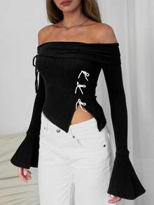 Off-Shoulder Bowknot Decor Long Sleeve Casual Blouse With Side Slit - Black - View 5
