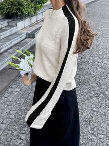 Chiquease Suéter de cuello alto casual de manga larga con bloques de color, suéter de punto para otoño e invierno - Blanco y Negro - Ver 3