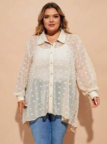 SHEIN CURVE+ Plus Size Sheer Floral Textured Long Blouse Versatile & Elegant