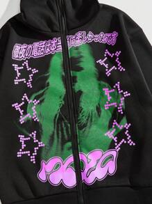 ROMWE MEN Street Life Men's Luminous Street Print Zip-Up Hoodie - Black - View 5