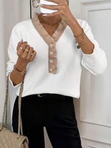 SHEIN LUNE Jersey de cuello en V de manga larga con volantes de contraste para mujer, suéter de punto para otoño e invierno - Blanco - Ver 6