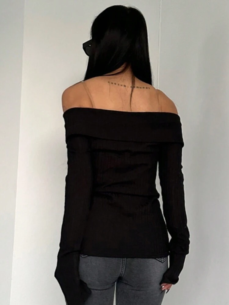Women's Solid Off Shoulder Single-Breasted Casual T-Shirt, Autumn Long Sleeve Women Tops
