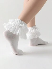 ROMWE Kawaii Damen Socken in Unifarbe mit Spitzen-Rüschen bis zur Mitte des Waden