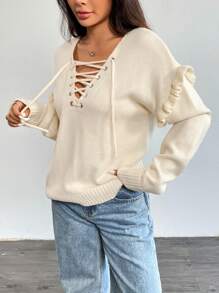 Chiquease Suéter feminino com decote em V e cordão e bainha com babados, outono - Damasco - Ver 5