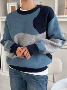 DAZY Women Casual Oversize Drop Shoulder Colorblock Knitted Sweater Fall - Blue - View 2