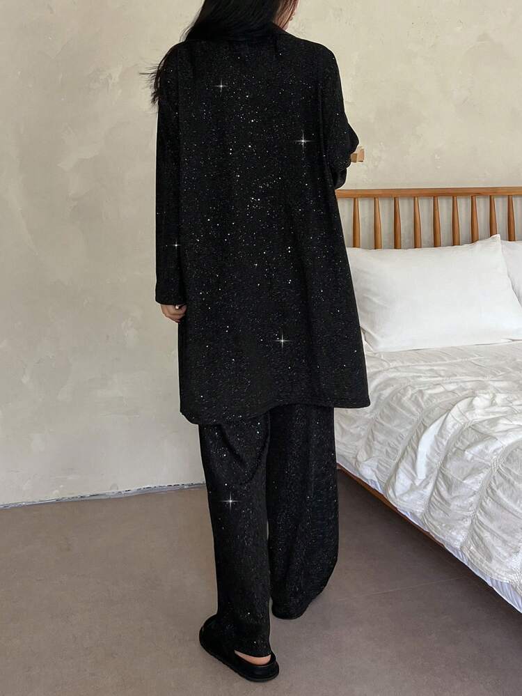 Sequin Letter Print Long Sleeve Pajamas Set