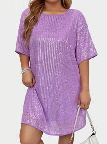 SHEIN LUNE Vestido de manga corta con cuello redondo y lentejuelas para mujer de talla grande, ropa para fiestas de vacaciones
