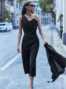 Maija Women Black Lace Patchwork Solid Color Draped Asymmetric Neck Sleeveless Elegant Dress