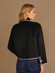 MOTF PREMIUM 羊毛对比色绑带单排扣大衣 - 黑色 - 查看 7