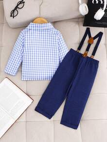 SHEIN 4 件套男婴幼儿正式服装套装：经典格子衬衫 + 吊带 + 裤子 + 领结，适合生日和正式活动等场合 - 藍色 - 查看 2