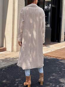 Chiquease Women's Houndstooth Stand Collar Mid-Length Double Breasted Casual Overcoat Thermal Fall Cloth For Women