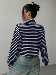 SHEIN EZwear Navy Blue & White Striped Knitted Turtleneck Top For Women