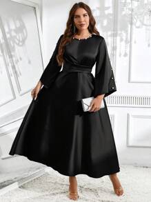 SHEIN Clasi Đầm trang trí đính cườm cổ tròn tay dài thanh lịch cỡ lớn - màu đen - Xem 10