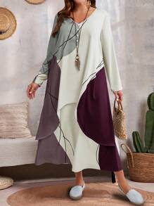EMERY ROSE Plus Size Casual Contrast Color Block 2 In 1 Dress Fall