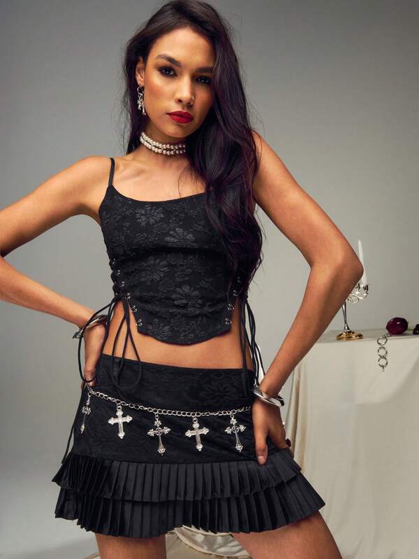 TypaGal Floral Jacquard Lace Up Curved Hem Corset Top