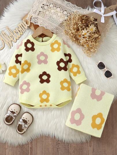 SHEIN Baby Floral Jacquard Bodysuit With Round Neck Long Sleeves, Soft Knit Blanket, Swaddle Wrap For Infant Growth, Stroller Accessory