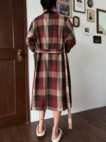 DAZY Plaid Patchwork Velvet Fabric Loose Long Sleeve Bathrobe Fall,Winter Pajama - Brown - View 2