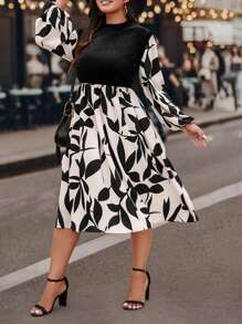 SHEIN VCAY Plus Size Women's Black Autumn Elegant Formal Evening Wedding Velvet Long Sleeve Dress,Printed Patchwork A-Line Casual Soft Stand Collar Long Dress - Multicolor - View 5