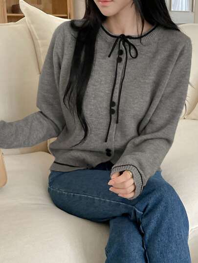 DAZY Women's Colorblock Trim Bowknot Front Button Elegant Long Sleeve Sweater,Long Sleeve Tops Fall