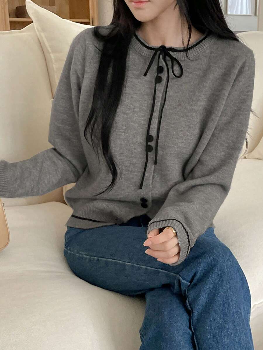 DAZY Women's Colorblock Trim Bowknot Front Button Elegant Long Sleeve Sweater,Long Sleeve Tops Fall