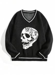 SHEIN TeenBoys 1pc Everyday Comfort Casual College Style Warm Chicken Heart Neck Blue And White Striped American Halloween Skull Jacquard Pattern Warm Sweater Halloween Costume; Back To School Clothes; Fall Outfits; Teen Boy Clothes; Fall Jackets; Fall Outfits Autumn/Winter