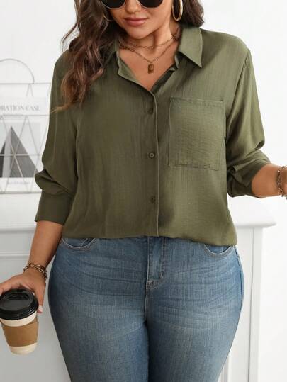 SHEIN LUNE Camisa casual con mangas largas y bolsillo, unicolor, talla grande, para otoño