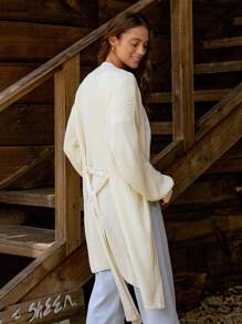 LanaWest 女士纯色落肩长袖宽松休闲长款开衫，秋冬季 - 杏色 - 查看 2