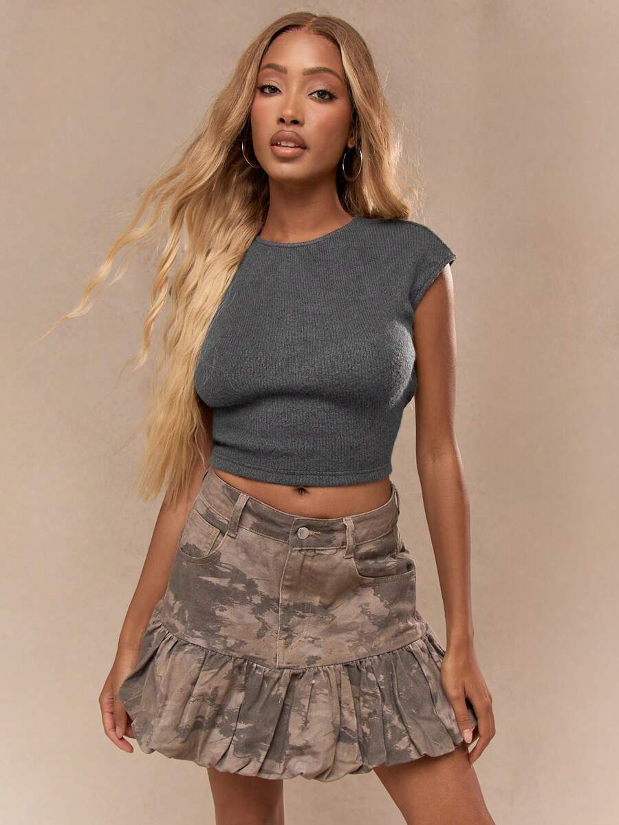 MISSGUIDED 罗纹盖袖露背系带短款上衣 - 深灰色 - 查看 1