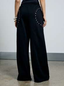 AiiRZ Studded Wide Leg Athletic Pants Workout Joggers Dance Studio Pants Fitness Training Tracksuit Bottom Fall Winter Athletic Wear - Black - View 2